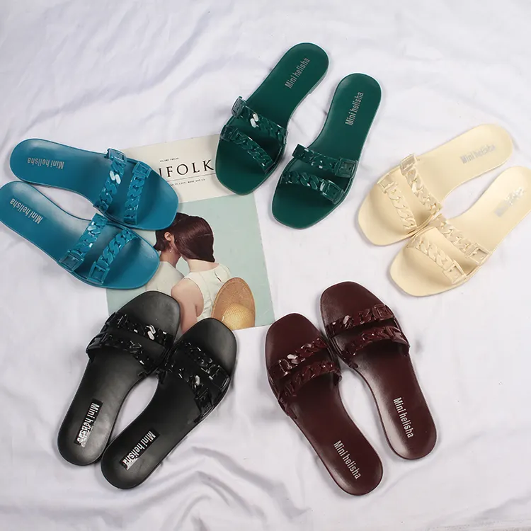 New solid color slippers stylish double strap flat bottom casual wear one word beach jelly slippers