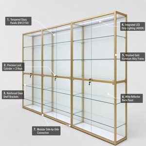 Vitrina Moderna Grande para Exhibición de Joyería Dorada, con Luz LED, Impermeable, con Cerradura, de Pie, con Estantes de Vidrio para Tienda - Product Image 5