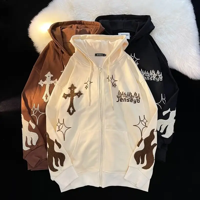 Toptan hırka kapüşonlu süveter nakış sıkıntılı hoodie zip up Hip Hop erkek hoodies & tişörtü