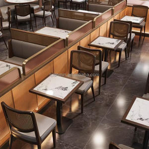 Lujoso marco de madera maciza cabina sofá Silla de ratán PU Borde de cuero mármol Mesa restaurante café Hotel muebles conjunto - Product Image 4