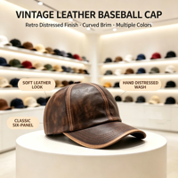 Topi Baseball Pria Model Terbaru, Topi Baseball Kulit Retro, Topi Baseball Kulit PU Distressed yang Dapat Disesuaikan