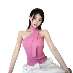 Débardeur tricoté sans manches à épaules dénudées pour femme, nouvelle collection été 2026, coupe ajustée et élégante, en polyester/coton teint en pièce - Product Image 5