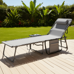 Chaise longue pliante d'extérieur grise avec dossier réglable sur 5 niveaux, table latérale et poche pour oreiller - Product Image 2
