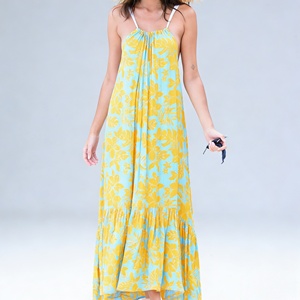 Robe longue fluide personnalisée pour <span class=keywords><strong>femme</strong></span>, imprimé floral tropical, bretelles spaghetti, col halter, ourlet à volants, idéale pour les vacances d'été à <span class=keywords><strong>la</strong></span> <span class=keywords><strong>plage</strong></span> - Product Image 1