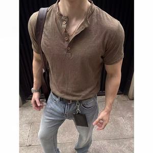<b>Men</b> Washed <b>Henley</b> T <b>Shirt</b> Short Sleeve Fitted Tee Button Front Casual Streetwear Top - Product Image 3