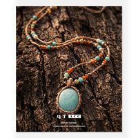 Collier long pour femme en cuir et pierre naturelle, style rétro sud-ouest, avec pendentif unique en forme de cœur exotique, design ethnique