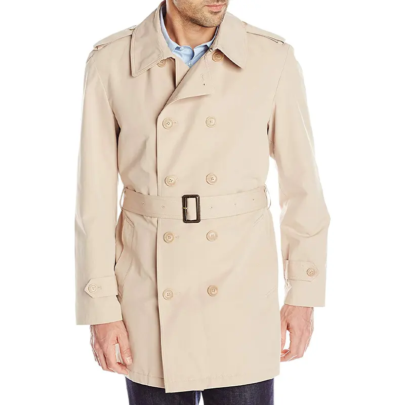 Beige double row 10 buckle men's mid-length jacket trench coat