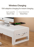 Support d'écran d'ordinateur double couche blanc avec deux tiroirs, charge sans fil et charge rapide, ainsi qu'un module USB3.0