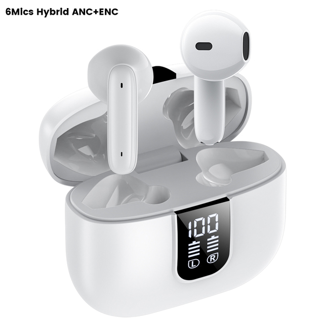 Active Noise Cancelling Semi-in-Ear Wireless Earbuds 6 Mics Hybrid ANC+ENC for 5.4 IPX5 Waterproof Digital Display JL