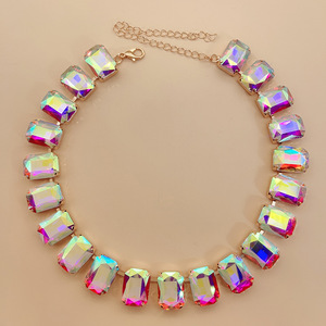 Conjunto de Collar y Pulsera de Piedras Preciosas de Cristal Rectangulares de Colores Mezclados, Directo de Fábrica, con Engaste Octagonal, Eslabones de Cristal y Cobre, Nuevo y Lujoso - Product Image 2