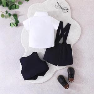 Ensemble trois pièces en coton pour garçon et bébé : haut à col à manches courtes, gilet à bretelles, 3 pièces - Product Image 2
