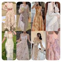 Gaun Wanita Berkualitas Tinggi Motif Bunga Cetak Floral V-Neck Model A-Line Kasual Bahan Chiffon Grosir