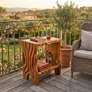 Une table d'appoint de style tronc d'arbre avec une étagère de rangement ouverte, alliant le charme rustique naturel à une élégance fonctionnelle. - Product Image 6