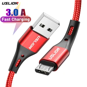 USLION Real 3A Nylon Trenza Aleación de aluminio Micro USB Cables de datos de carga rápida para teléfono móvil Samsung Galaxy
