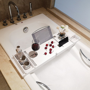 Étagère de bain en bambou blanc 60x70cm, support de rangement de salle de bain rétractable autoportant - Product Image 1
