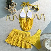 STOK BARU 6 Warna V-NECK Rajutan Wanita 3 Potong Pakaian Renang Atasan Plung Shirt Bikini Brasil dan Set Rok Pantai S-L