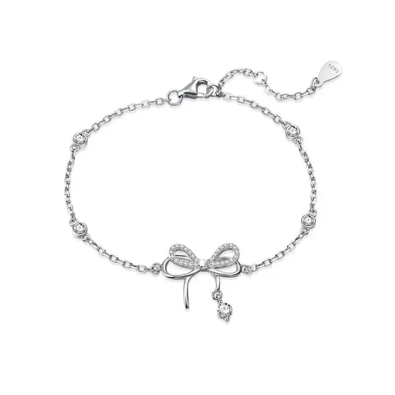 ladies fine jewelry sterling 925 silver cz pave bowknot charm bracelet
