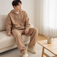 Ensemble sweat à capuche zippé pour homme 380GSM en coton beige, pantalon coupe droite oversize, logo personnalisé, streetwear décontracté deux pièces