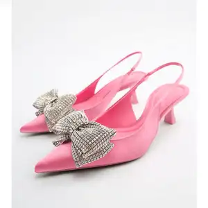 2023 Summer Collection Women's Sexy Rose Red Rhinestone Bow High Heels Ankle Strap Mules Anti-Slip PU Insole Outdoor Sandals