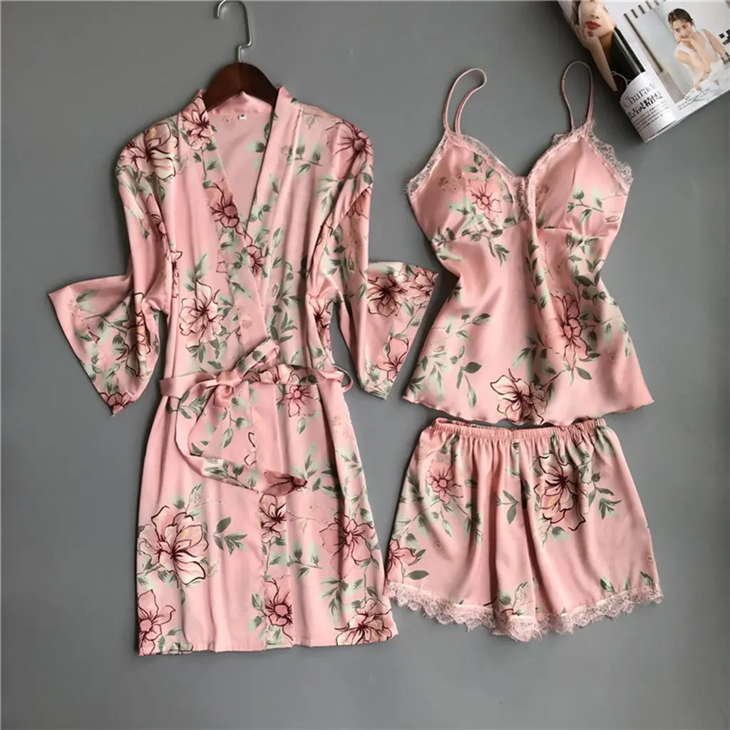 2022 Summer Pyjama Lounge Pijama Mujer Verano Pillamas Three Piece Pajama Set Printed Floral Sleepwear Women Sleeping Wear Night