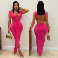 Robe longue d'été sexy pour femme, style européen et américain, couleur unie, décolleté plongeant, dos nu, collection 2026 Q26DS038, vente en gros pour boutiques