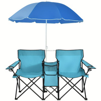 Chaise de camping pliable portable avec pare-soleil, porte-gobelet et glacière, chaise d'extérieur avec table latérale parapluie et rangement isotherme