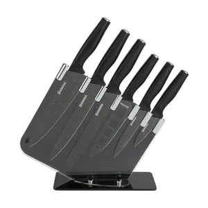 Professional 7 pcs pp handle black non-stick coating stainless steel kitchen knife set with block