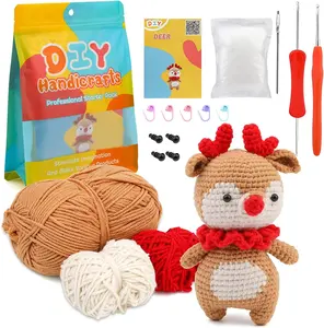 可爱动物造型棉亚克力纱袋DIY钩针套装手工驯鹿编织娃娃创意粘贴玩具