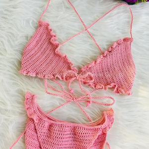 Traje de Baño de Dos Piezas con Cuello en V y Rayas Personalizadas OEM, Bikini Tejido a Mano, Ropa de Playa, Traje de Baño Deportivo para Mujer, Fabricante de Bikinis - Product Image 2