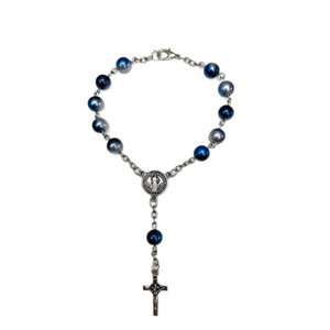 Bracelet chapelet Perle Bleue 11 Perles Pendentif Croix Femme Cérémonie Religieuse Catholique Alliage de Zinc Couleur Argent Forme Ronde - Product Image 5