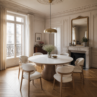 Table à manger moderne extensible en pierre frittée, base en bois massif, plateau ovale ou rond aspect marbre, mobilier de salle à manger