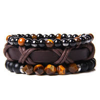 Hot Sale Naturstein Kombination Armband Set Micro Inlay Charm Ball Kreuz Boho Perlen Schädel Leder Armband Männer für den Großhandel