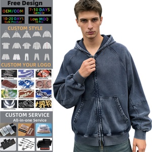 Sudadera con Capucha de Estilo Urbano con Doble Cremallera, Lavado Ácido, Vintage, Holgada, 100% Algodón, Ajuste Holgado, Proveedor Popular - Product Image 1