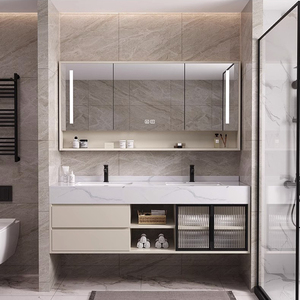 Ensemble de meuble-lavabo mural flottant blanc moderne avec miroir LED intelligent pour salle de bain - Product Image 5