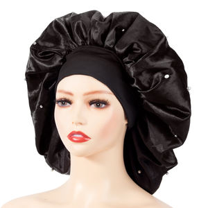 Bonnet de couleur unie en perles de diamant, doux, double couche, soyeux, surdimensionné, large bande, chapeau de sommeil en satin - Product Image 3