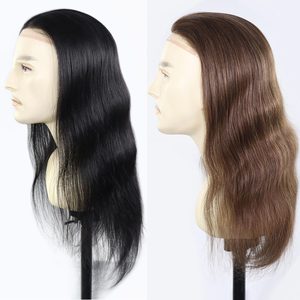 Prótesis Capilar Masculina de Cabello Humano Largo, Sistema de Reemplazo Capilar 8x10 Pulgadas Q6, Encaje Francés PU, Negro Marrón, Liso - Product Image 1