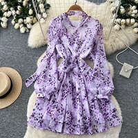 Robe Courte Décontractée Femme WIWT en Mousseline Imprimé Léopard, Col Halter, Manches Longues, Taille Découpée, Ourlet Superposé, Idéale pour le Quotidien