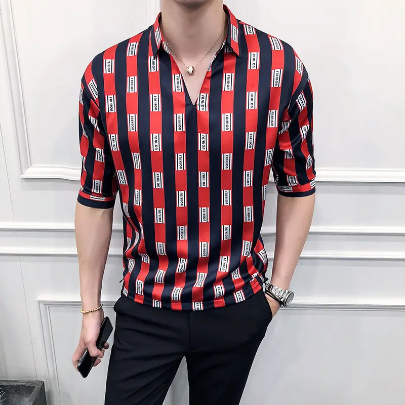 夏のVネックシャツカジュアルスリム韓国版シャツプリントシルクシャツ