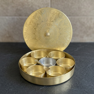 Premium Round Brass Spice <b>Box</b> with 7 Katori Containers Etched Floral Art Lid Luxury Indian Masala Dani Kitchen Organizer Set - Product Image 3