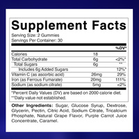 Complément alimentaire en gommes de fer pour femmes et hommes - 20 mg par portion - 60 gommes végétaliennes - Gommes de fer au goût agréable avec vitamine C