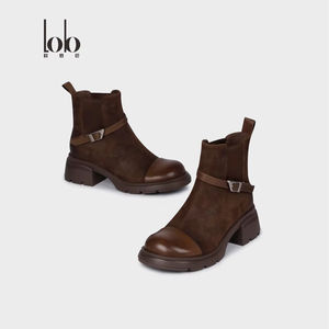 Sepatu Chelsea Wanita Kasual Anti-Selip Hitam Kulit Asli Suede Tinggi Setengah Betis Musim Dingin Model Koboi Ringan Desain Datar - Product Image 1