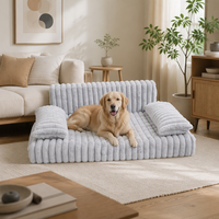 Canapé-lit pour animaux de compagnie en velours côtelé à poils coupés, avec dossier et accoudoirs en forme de L, mousse 28D, housse imperméable, amovible et lavable en machine, utilisable comme niche