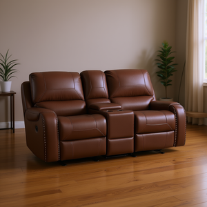 Canapé deux places inclinable en cuir marron Achern avec console de rangement manuelle, design traditionnel - Product Image 2