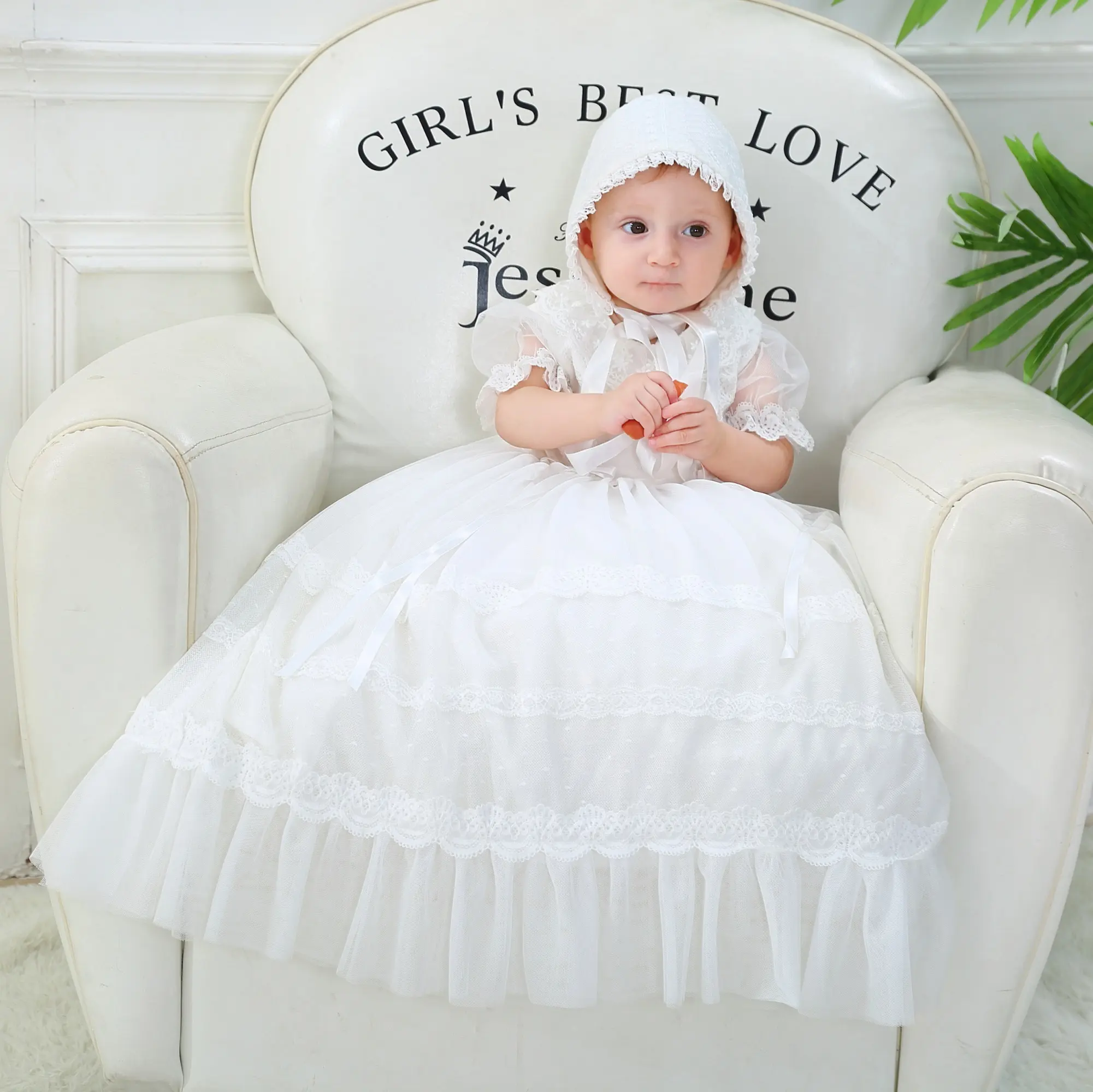 軽快なヴィンテージレースラペル赤ちゃん洗礼パフスリーブ女の赤ちゃん幼児ドレス新生児キッドドレス赤ちゃん洗礼服