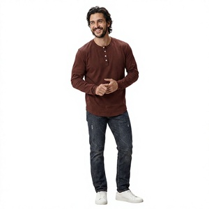 Camisetas Henley para Hombre al por Mayor, Color Rojo Vino Vintage, Personalizadas OEM, Manga Corta, 100% Algodón Transpirable, con Logotipo Frontal - Product Image 1
