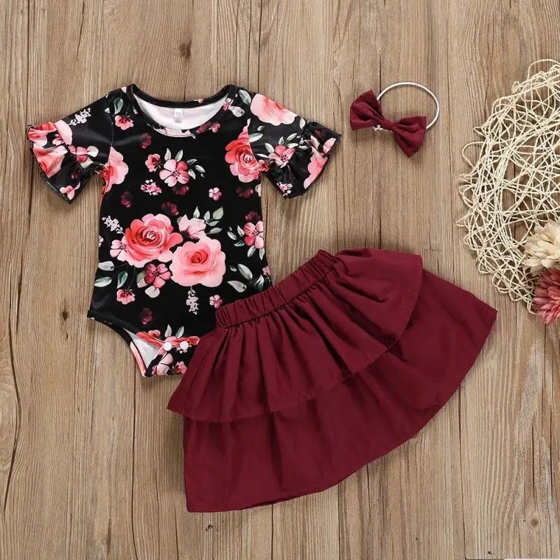 Conjunto de roupas infantis com 2 peças, roupas floridas para bebês meninas, recém-nascidos, macacão, saia de tule, roupas de bebê, 2019