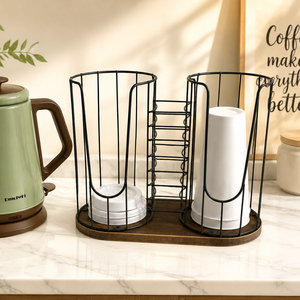 Organizador de Tazas y Tapas de <span class=keywords><strong>Caf</strong></span>é de 3 Compartimentos con Base de Madera, Dispensador de Metal Negro Vintage para Barra, Mostrador u Oficina - Product Image 5