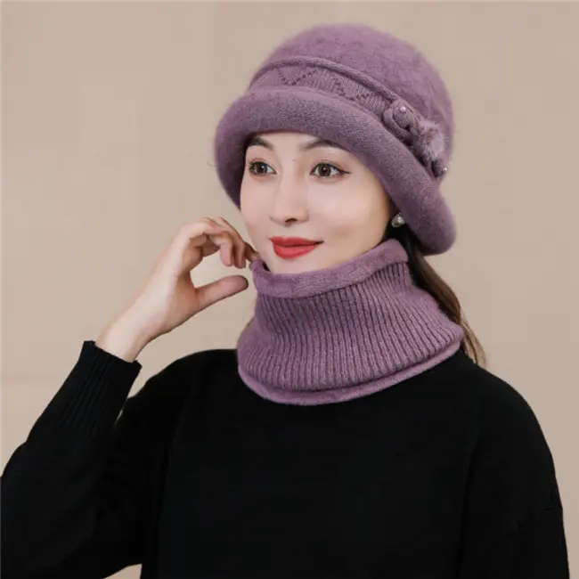 Custom Thick Acrylic Women Winter Knitting Hats Scarf Set Knitted Winter Bucket Knitted Beanie Hat with Bowknot