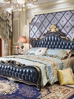 Lit en cuir véritable de style européen Fuanhe avec sculptures en bois massif, coussin moelleux, personnalisable pour chambre principale, lit double de 1,8 m