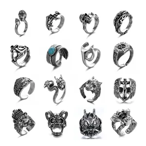 New Design Retro Plating Knuckle Rings Antique Opening Adjustable Rings Domineering Skull Buddha Devil Eye Feather Rings for Men